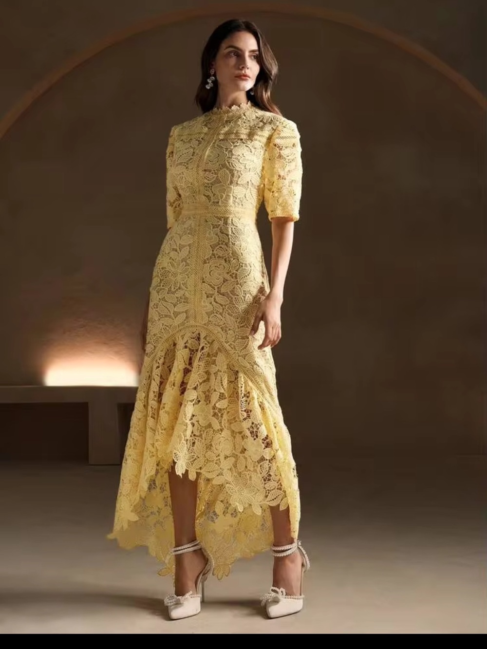 Anewsta NWT Yellow Floral Lace Short Sleeve Mermaid Maxi Dress Small